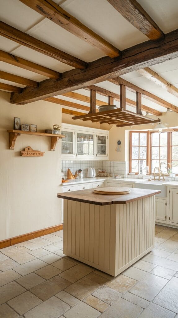 Wooden beams in a rustic kitchen adding warmth and charm.