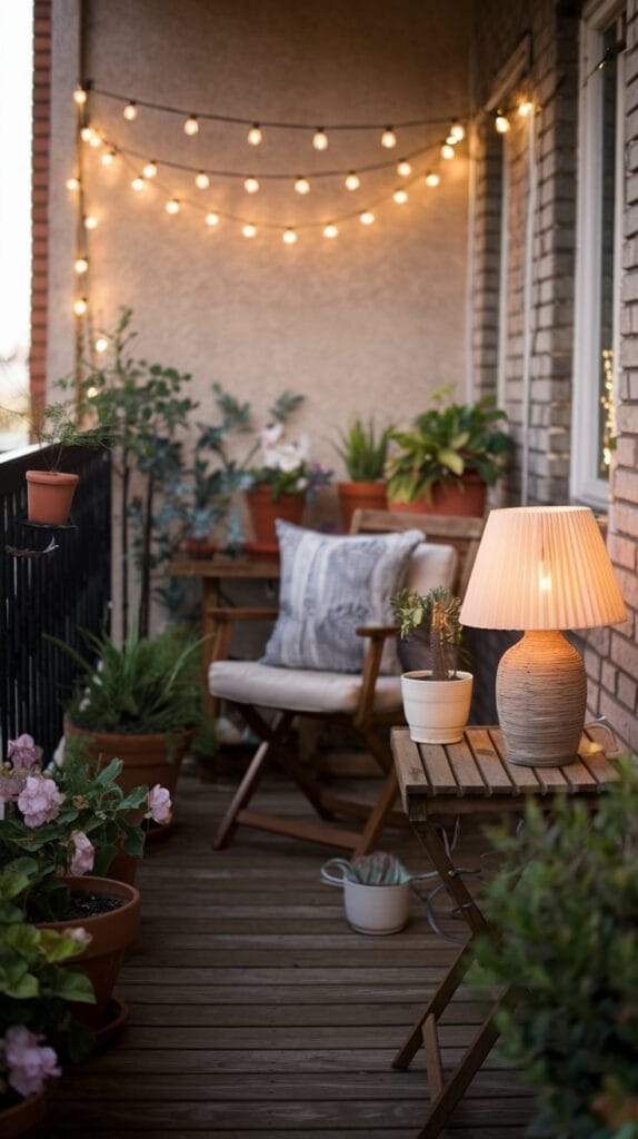 String lights creating ambiance on a balcony.