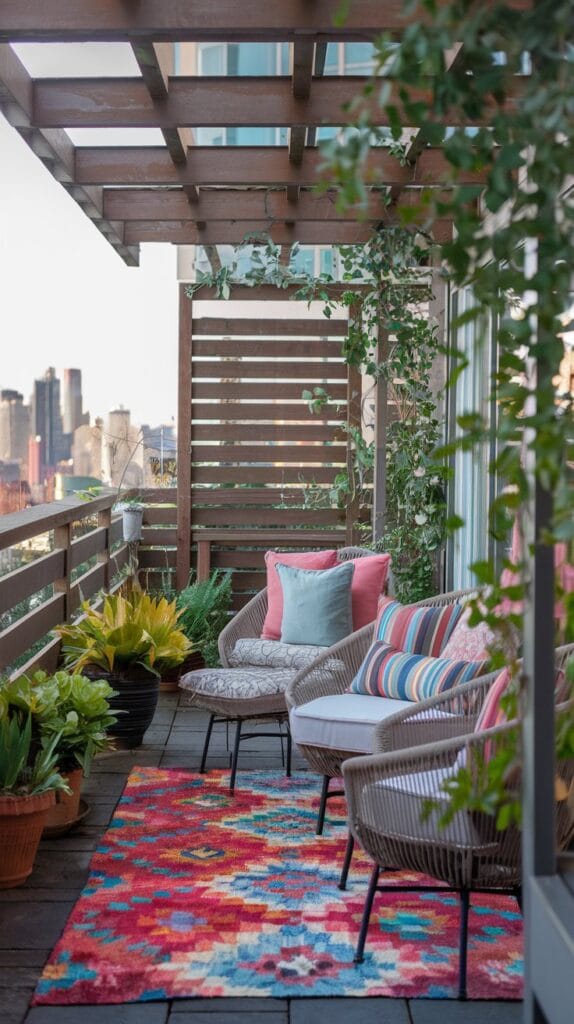 Outdoor rug on a small balcony.