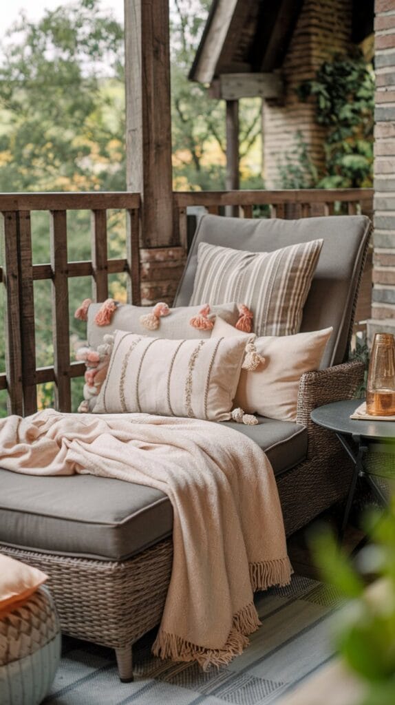 Cushions and throws layered on a small balcony chair.
