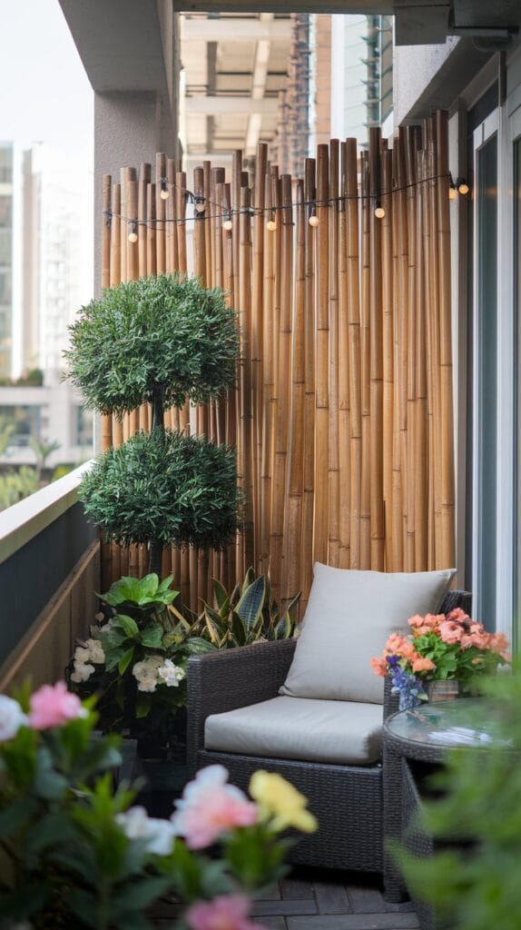 A cozy balcony featuring a bamboo privacy screen, offering seclusion and tranquility.