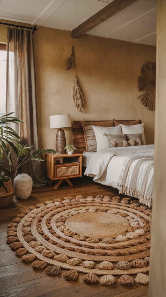Bedroom with a cozy handwoven rug in natural fibers.