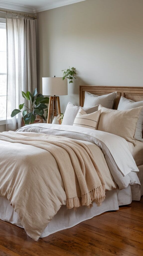 Bedroom with soft, natural bedding in linen and cotton.