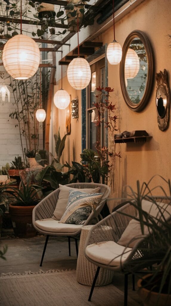 Hanging lanterns creating a warm, inviting glow on a bohemian patio.