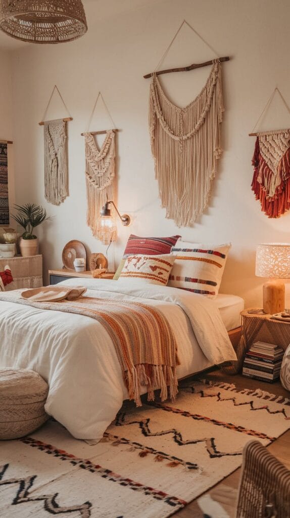 Bedroom with layered textiles like throws, cushions, and macrame.
