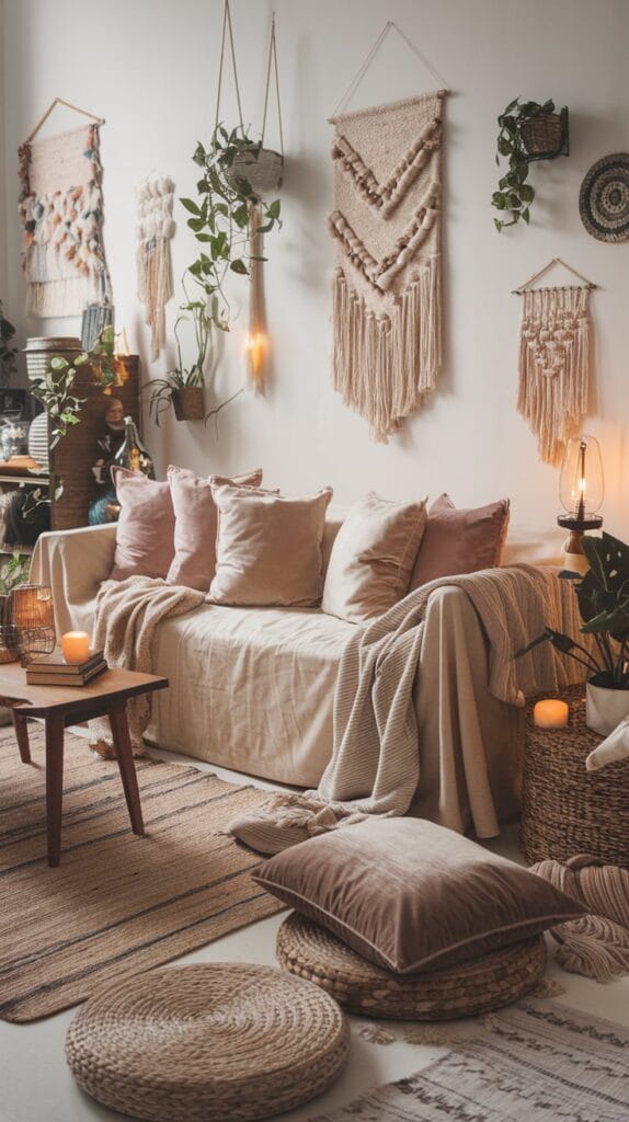 Layered textures in a boho living room with pillows, throws, and rugs.