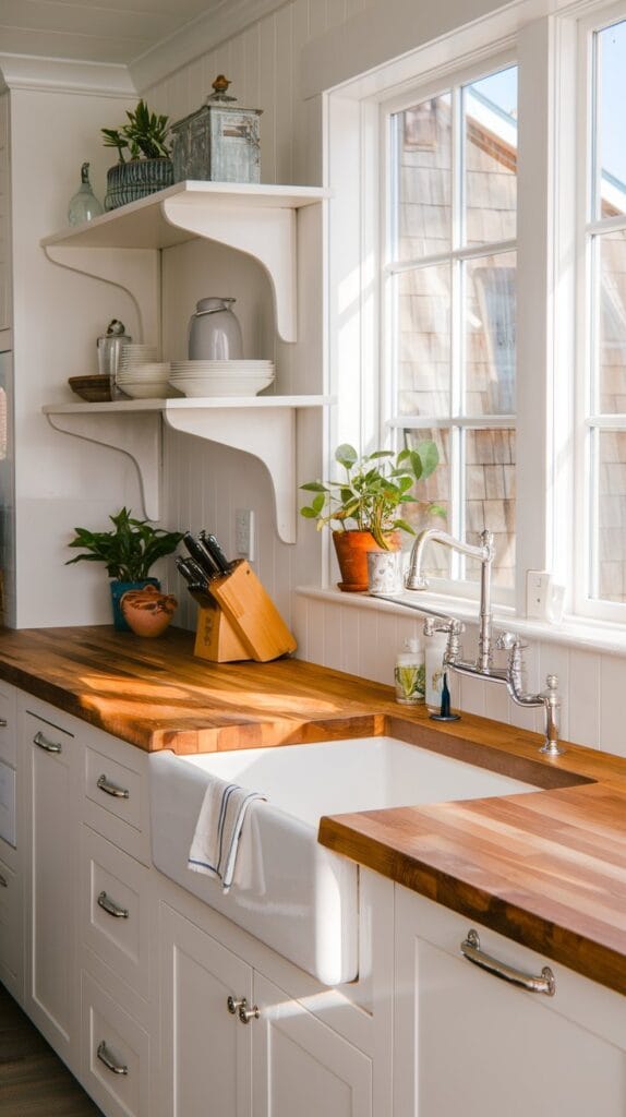 Coastal kitchen with butcher block countertops, white cabinets, and farmhouse-style details.