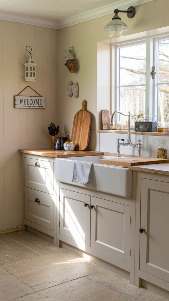 Farmhouse sink in a rustic kitchen, combining practicality and style.