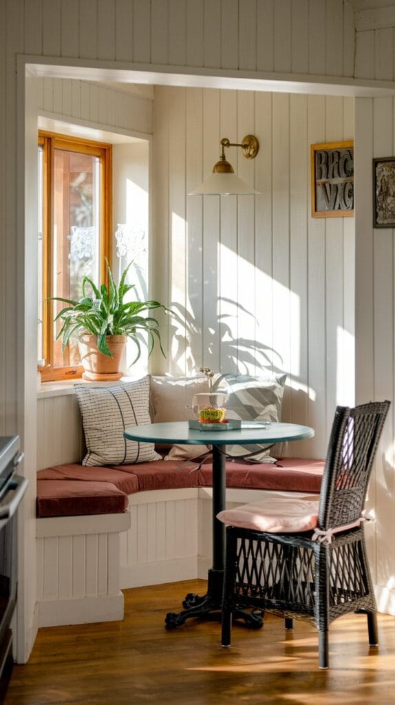 A cozy breakfast nook in the kitchen, creating a warm and inviting space.