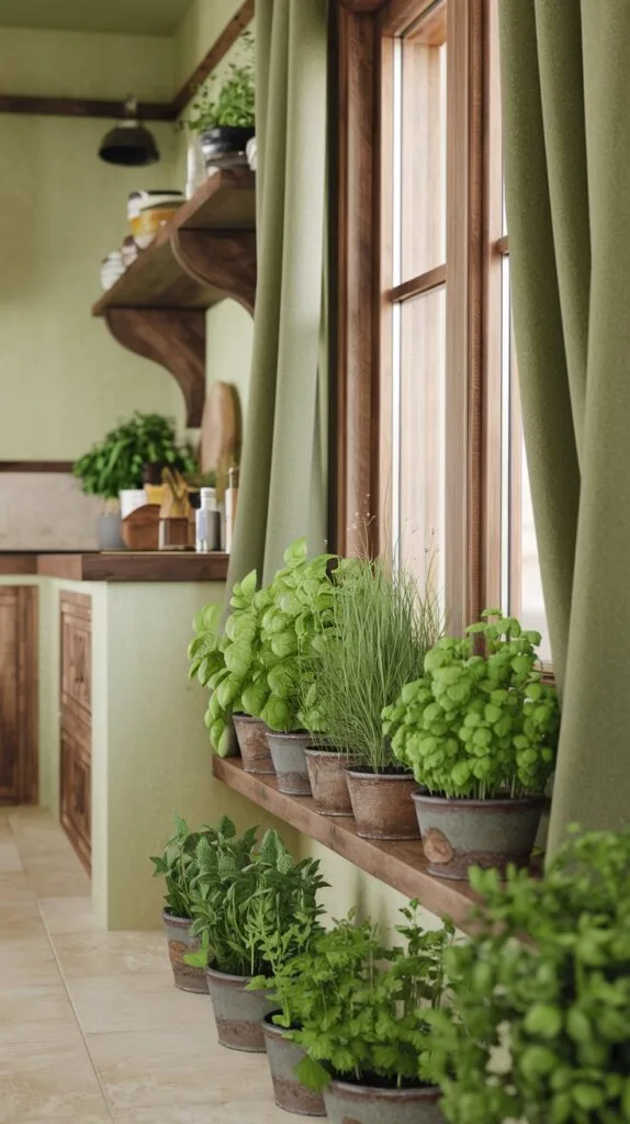Indoor herb garden with fresh basil, mint, and parsley on a kitchen windowsill.