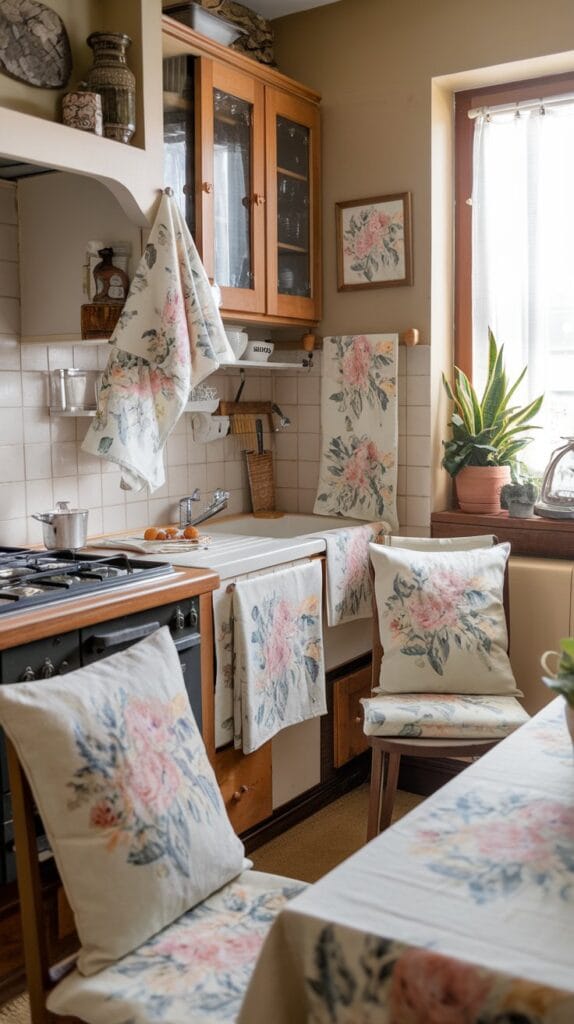 A kitchen with floral-patterned textiles including tea towels and cushions, creating a cozy, countryside feel.