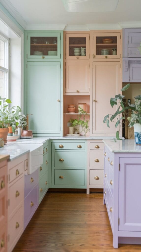 A kitchen with soft pastel-colored cabinetry in mint green and pale peach, creating a serene and inviting atmosphere.