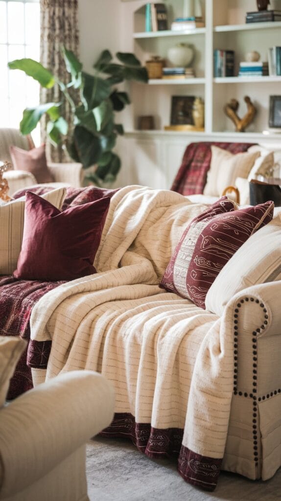 Plush throw blankets layered on sofas and chairs in a cozy living room.