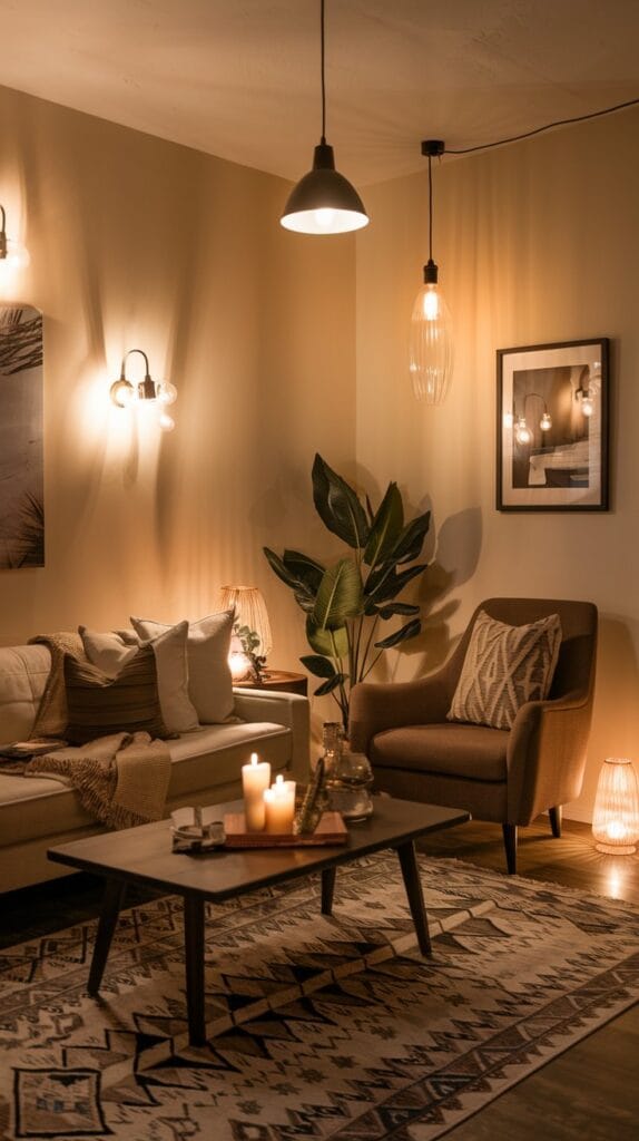 Living room with warm lighting from sconces, candles, and pendant lights.