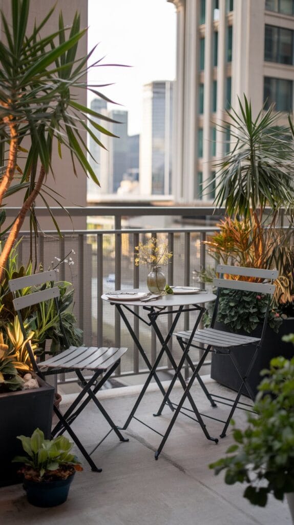 Cozy bistro table with two chairs on a small balcony.