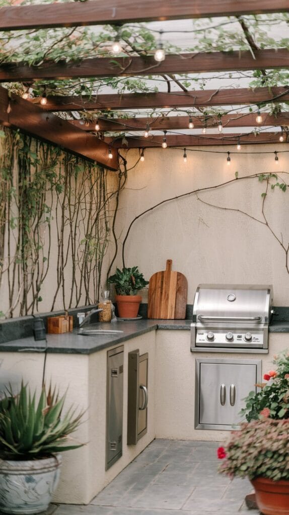 Cozy corner outdoor kitchen with pergola and L-shaped counter.