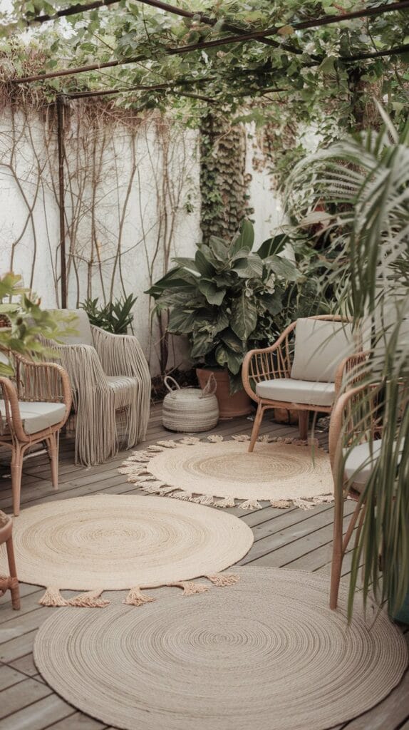 Neutral woven rugs adding texture and warmth to a cozy outdoor space.
