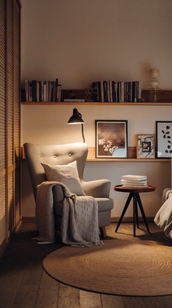 Cozy reading nook in a Japandi bedroom with an armchair and warm lighting.