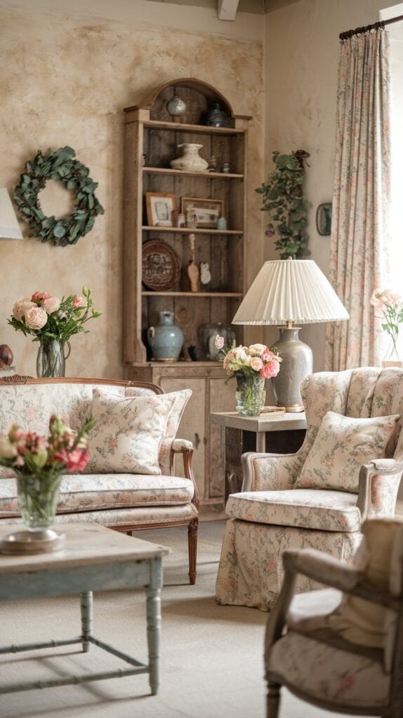 A cozy, rustic living room with vintage floral decor and a cottagecore charm.