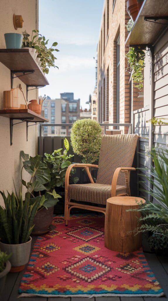 Colorful outdoor rug defining a seating area on a balcony.