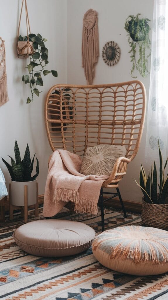 Boho bedroom with a cozy seating nook and floor cushions.