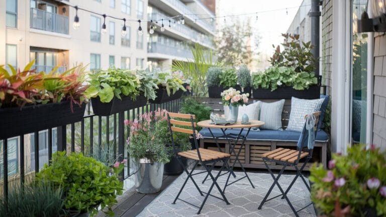 Cozy small balcony with bistro set, vertical planters, and string lights.