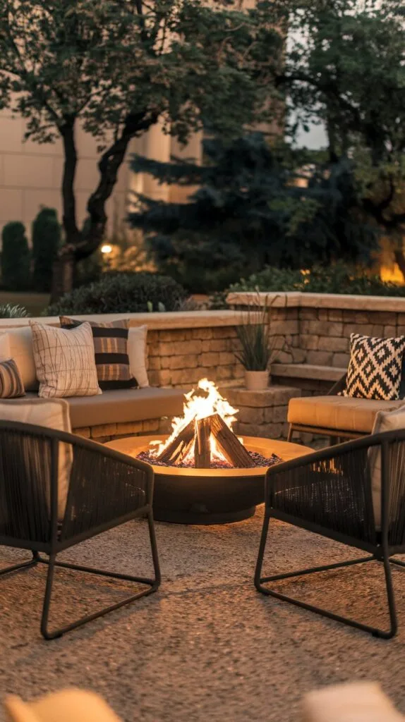 Cozy terrace with fire pit and comfortable seating.