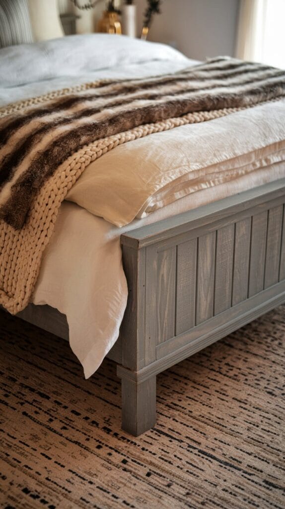 Layered neutral bedding on a farmhouse bed.