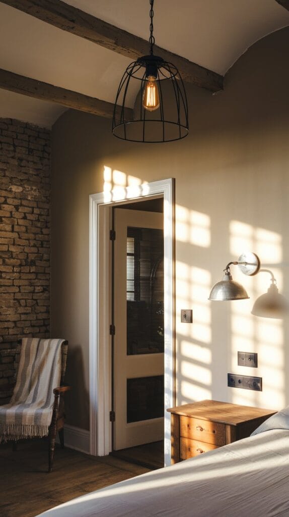 Industrial pendant lighting in a rustic bedroom.