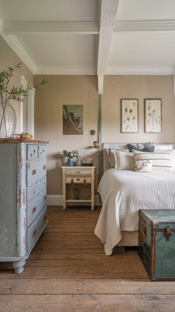 Vintage-inspired dresser and trunk in a rustic bedroom.