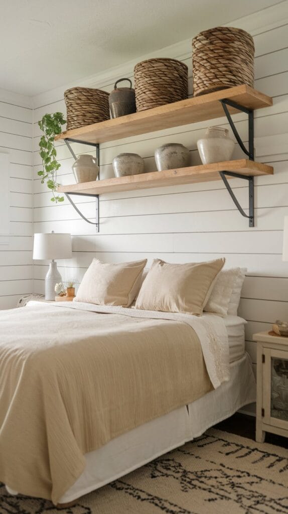 Open shelving with baskets in a farmhouse bedroom.