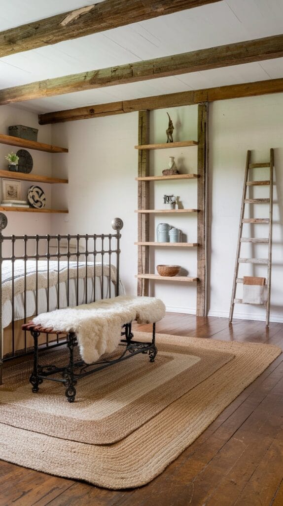 Textured jute and braided rugs in a rustic bedroom.