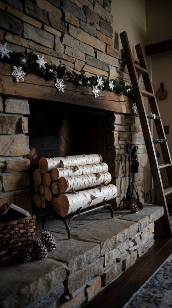 Fireplace styled with birch logs and winter-themed decor.