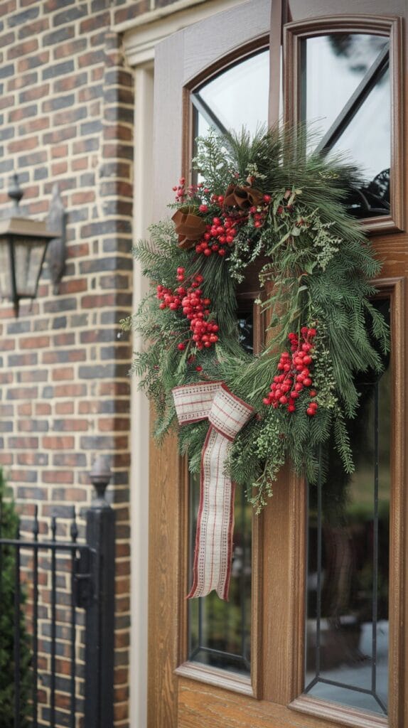 Seasonal wreath with pine branches and red berries on a front door.