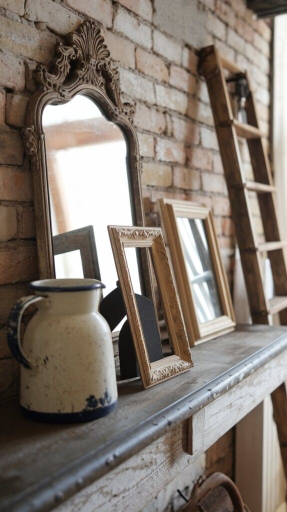 Antique decor accents on farmhouse shelves.