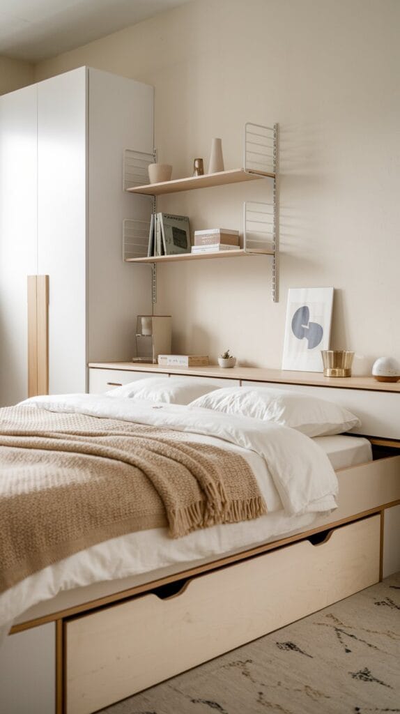 Functional storage solutions in a Japandi bedroom, including under-bed drawers and floating shelves.