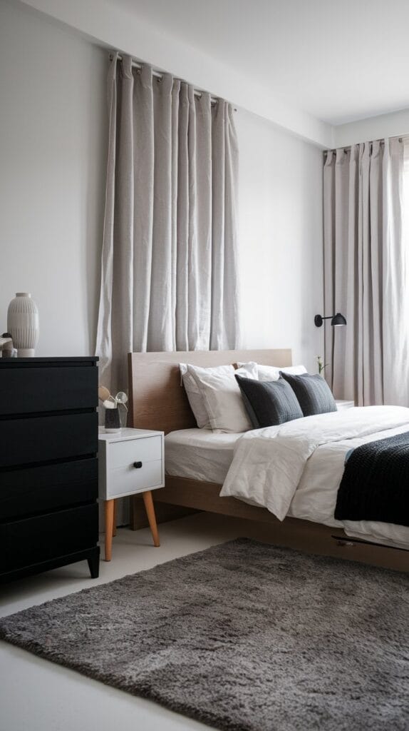 Monochrome Japandi bedroom with minimalist design and gray tones.