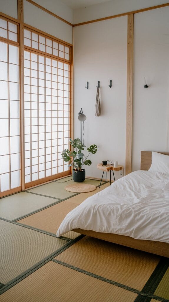 Elegant tatami mats in a Japandi bedroom.