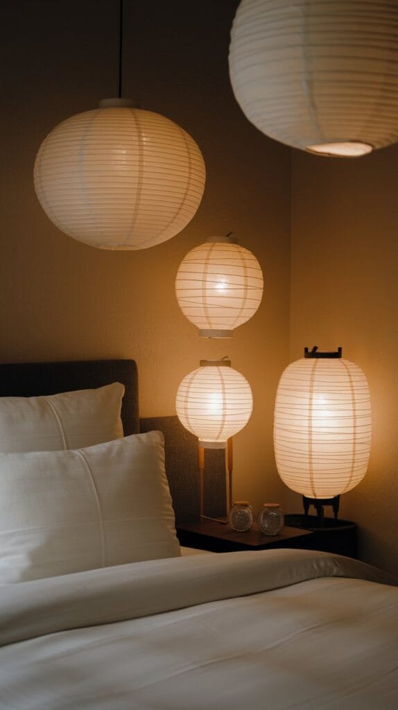 Japandi bedroom with subtle, warm lighting accents creating a calming ambiance.