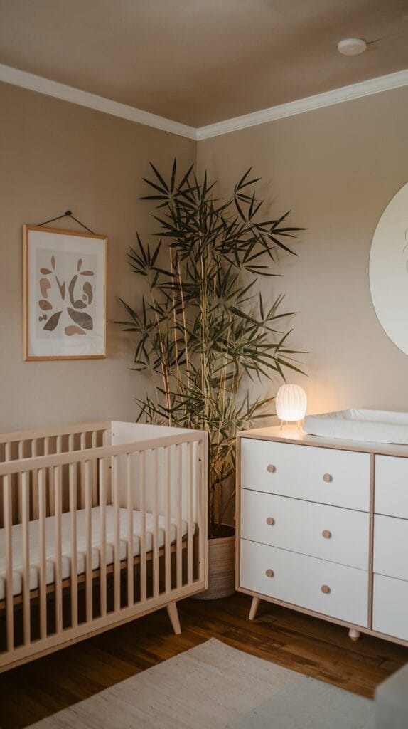 Japandi-inspired minimalist nursery with neutral tones and natural materials.