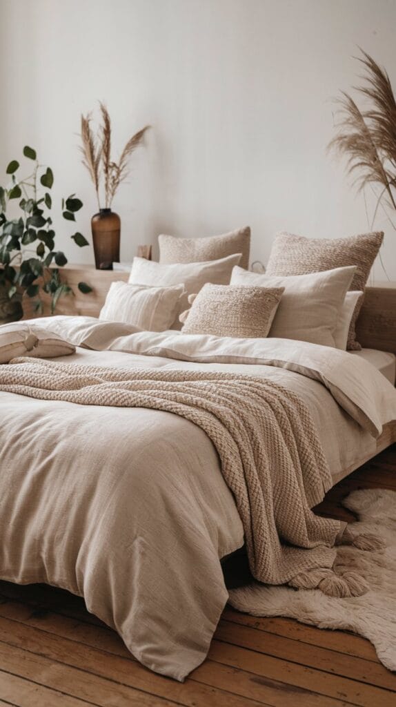 Soft textured bedding in a neutral-colored Japandi bedroom.