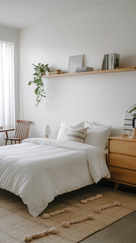 Peaceful, decluttered Japandi bedroom with minimalist design.