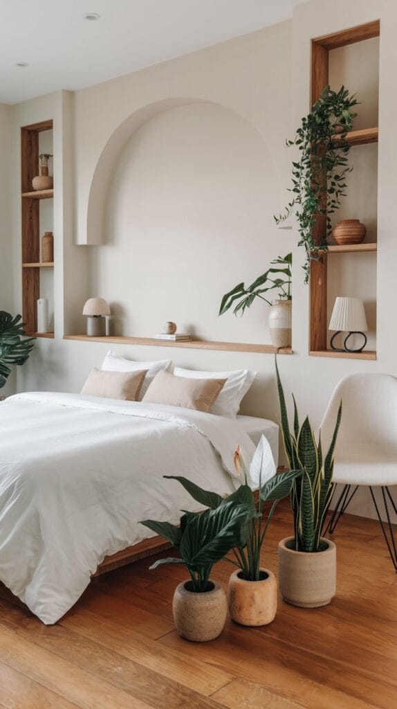 Tranquil indoor plants in a Japandi bedroom with earthy pots.