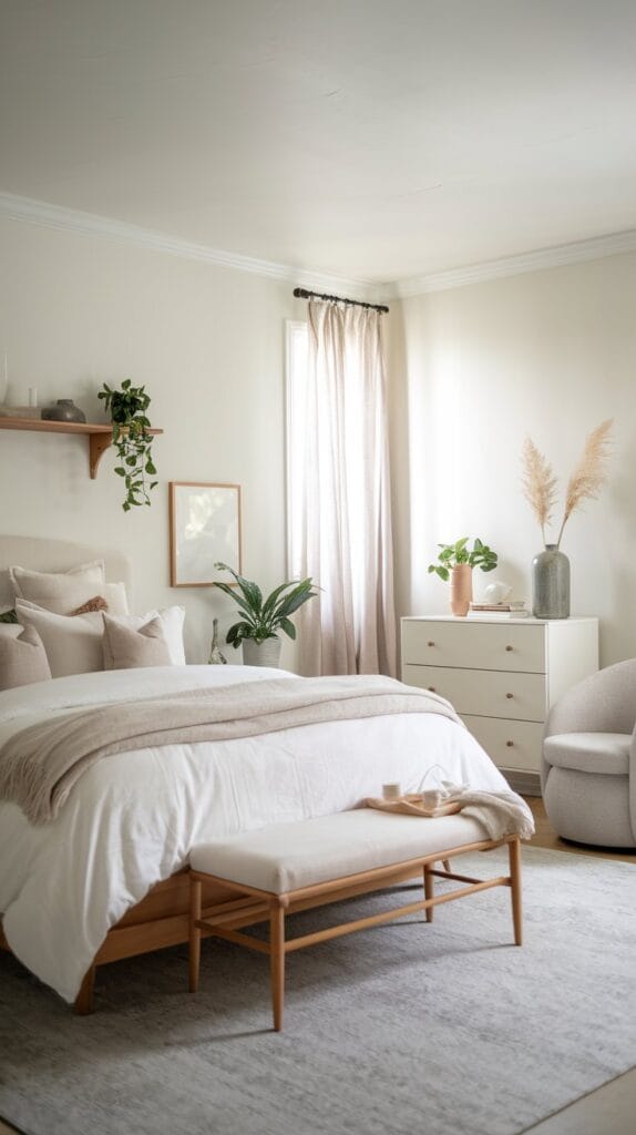 Japandi bedroom with serene neutral tones of white, gray, and beige.
