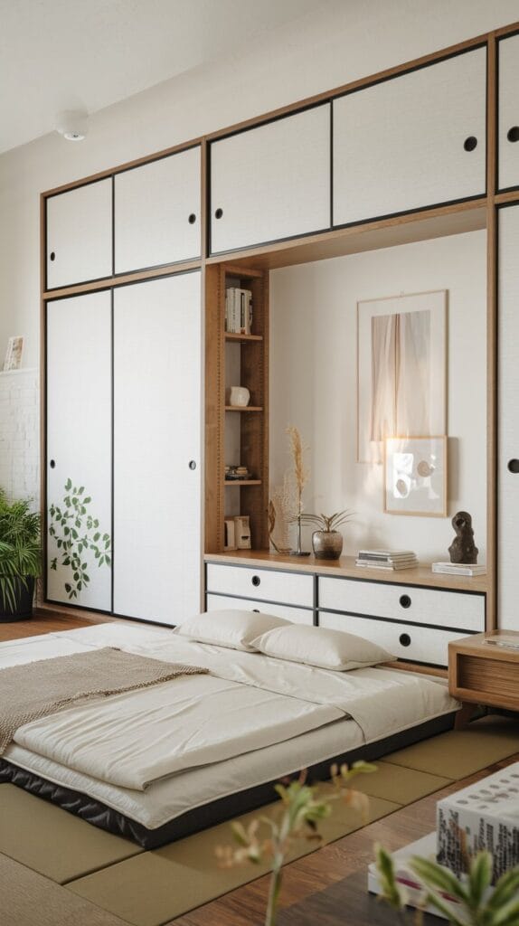Japanese-style futon bedding in a minimalist Japandi bedroom.