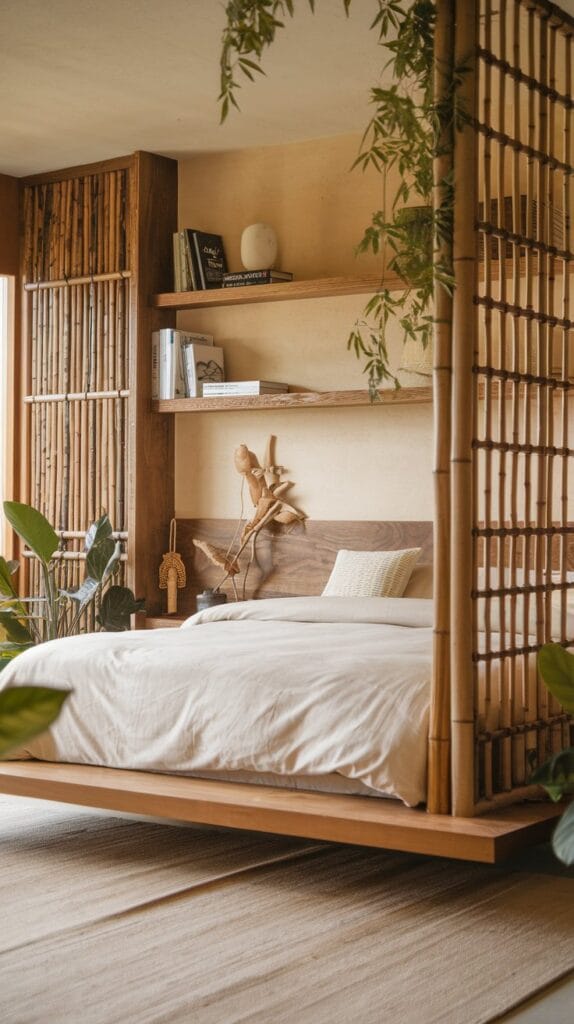 Japandi bedroom with natural wood elements, including a wooden bed frame and bamboo accents.