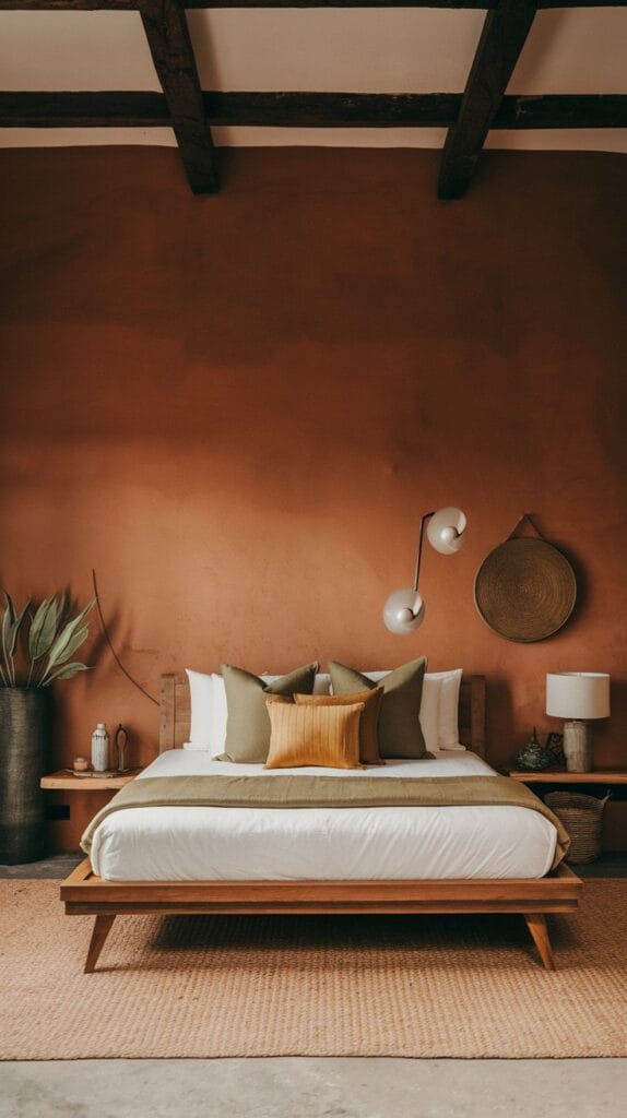 Japandi bedroom with warm earthy tones like terracotta and olive green.