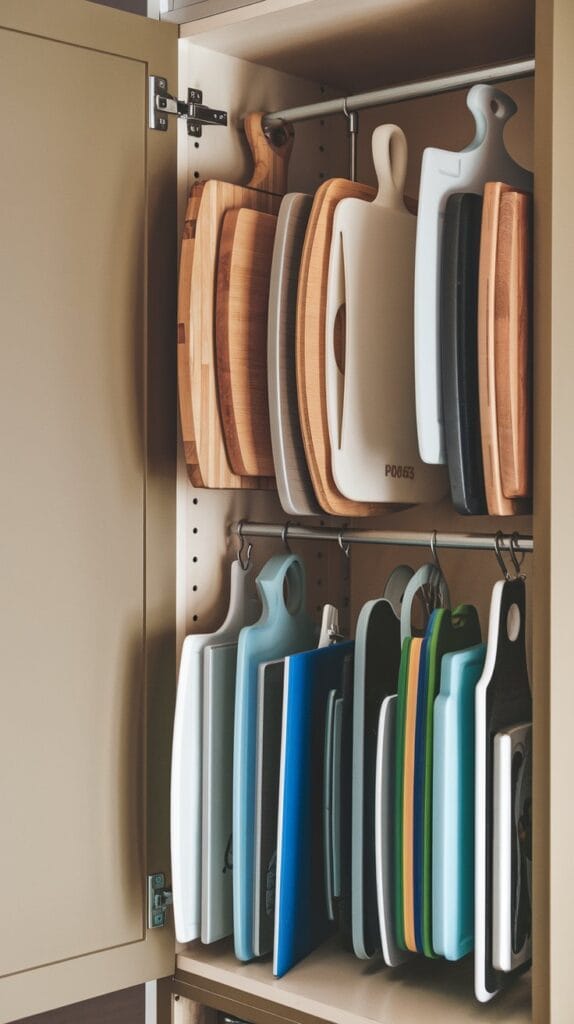 Cutting boards stored vertically in a kitchen cabinet.