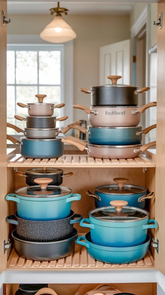 Stackable cookware neatly arranged in kitchen cabinet.