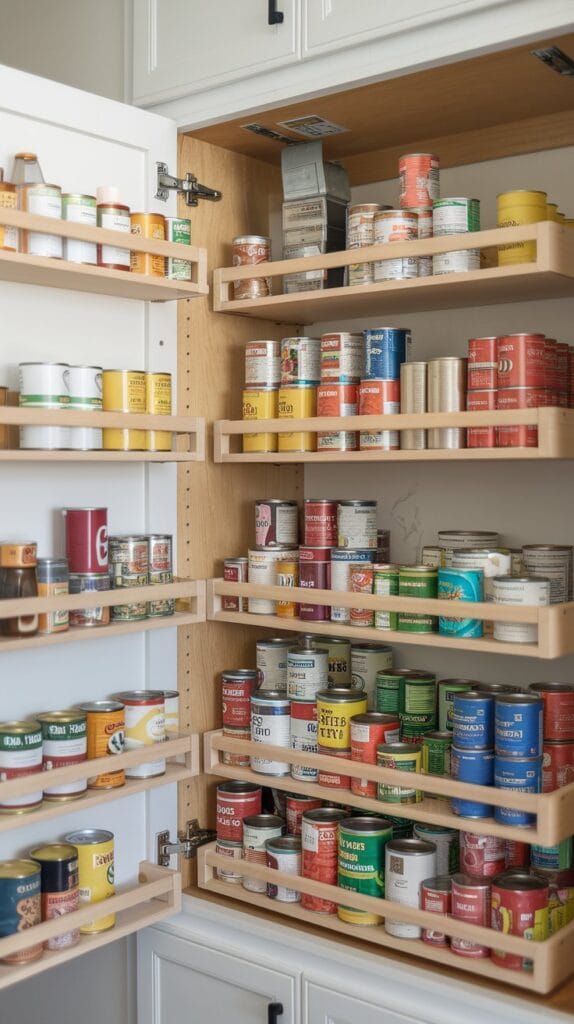 Tiered shelf organizers storing canned goods in a kitchen.